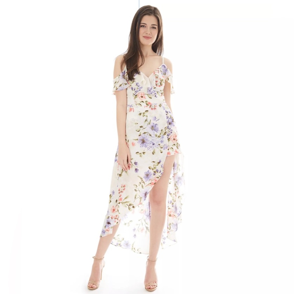 Juniors' IZ Byer Cold Shoulder Asymmetrical Maxi Romper
